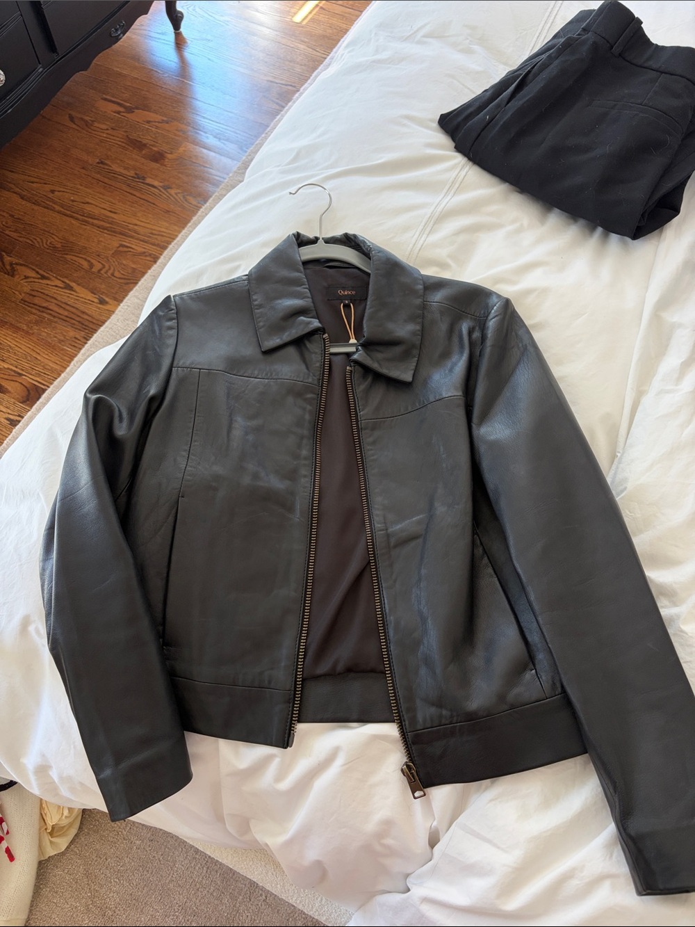 Quince Black Leather Zip Jacket with Classic Collar